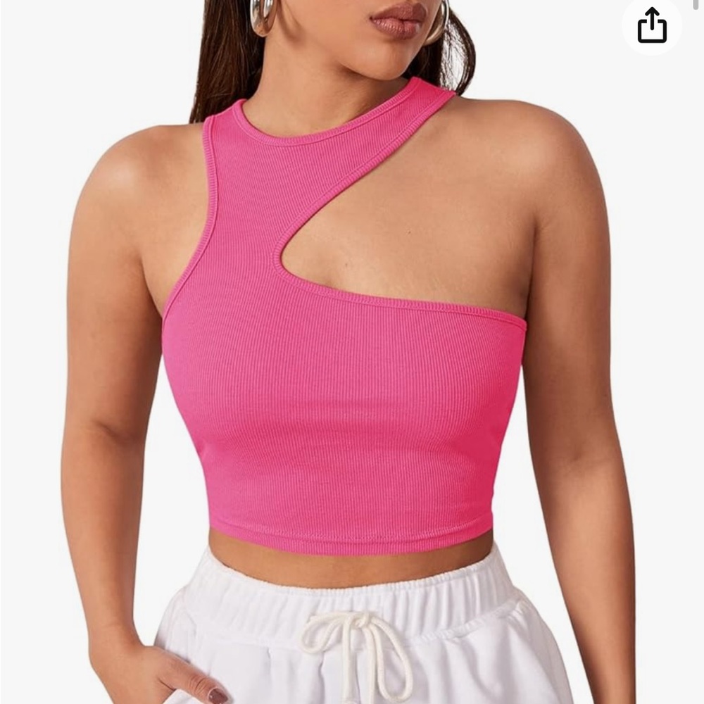 Verdusa Women's Asymmetrical Neck Slim Fitted Ribbed Crop Tank Top - M